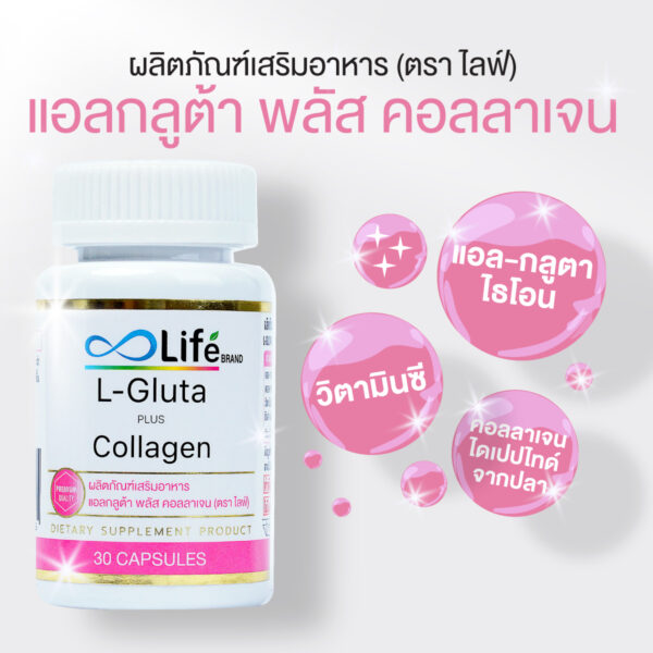 รายละเอียดผลิตภัณฑ์ L-Gluta Plus Collagen ส่วนประกอบสำคัญใน 1 แคปซูล แอล-กลูต้าไธโอน 100 มก. คอลลาเจนไดเปปไทด์ 80 มก. วิตามินซี 30 มก. ซิงค์ อะมิโน แอซิด คีเลต 20 มก. ⭐ผลิตภัณฑ์ของเราไม่ได้ใส่สารกันบูดหรือสารช่วยยืดอายุ บรรจุภัณฑ์ รูปแบบผลิตภัณฑ์ : แคปซูล ปริมาณ : 30 แคปซูล เลขที่จดแจ้ง อย. : 13-1-00165-5-0008 วิธีรับประทาน อายุ 14 ปีขึ้นไป รับประทาน 2 แคปซูล หลังอาหาร เช้า-เย็น ผลิตภัณฑ์ร้านเราเป็นฝาแบบ Safety Lock มาตรฐานที่ใช้ในอเมริกาและยุโรป วิธีการเปิด : กดลงบนฝาแล้วหมุนทวนเข็มนาฬิกา วิธีการปิด : หมุนปิดตามปกติ คำแนะนำ/คำเตือน เด็กและสตรีมีครรภ์ไม่ควรรับประทาน ควรกินอาหารหลากหลายให้ครบ 5 หมู่ ในสัดส่วนที่เหมาะสมเป็นประจำ วิธีการเก็บรักษา เก็บไว้ในที่แห้งและหลีกเลี่ยงแสงแดดหรือความชื้น